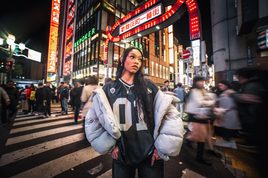 female portrait posing in Kabukicho Shinjuku Tokyo at night