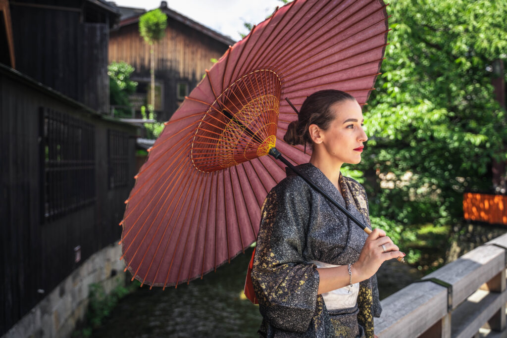 female portrait in kimono holding a Japanese umbrella in Kyoto Gion